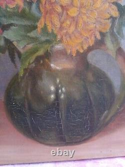 Old oil painting on canvas with chrysanthemums in a green pitcher signed and dated