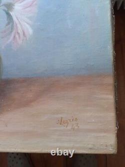 Old oil painting on canvas with chrysanthemums in a green pitcher signed and dated