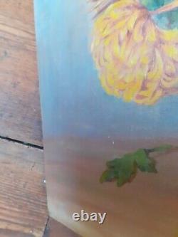 Old oil painting on canvas with chrysanthemums in a green pitcher signed and dated
