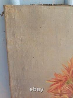 Old oil painting on canvas with chrysanthemums in a green pitcher signed and dated
