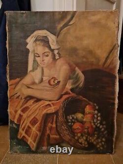 Old oil painting on canvas, woman with a fruit basket