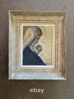 Old oil painting on cardboard, Virgin and Child, signed FROUYNK, circa 1950