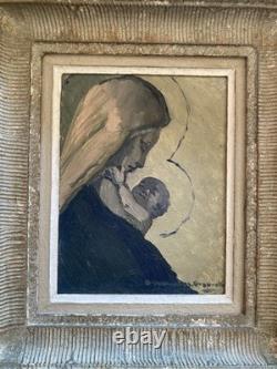 Old oil painting on cardboard, Virgin and Child, signed FROUYNK, circa 1950
