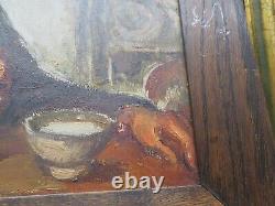 Old oil painting on cardboard of an old man eating soup by Abougit portrait