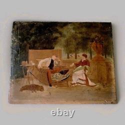 Old oil painting on panel genre scene France 19th century