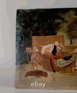 Old oil painting on panel genre scene France 19th century