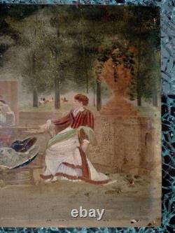 Old oil painting on panel genre scene France 19th century