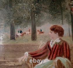 Old oil painting on panel genre scene France 19th century