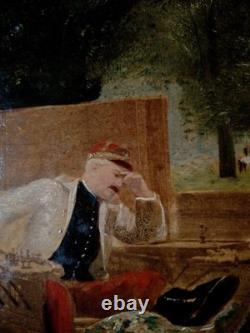 Old oil painting on panel genre scene France 19th century