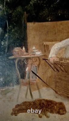 Old oil painting on panel genre scene France 19th century