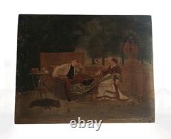 Old oil painting on panel genre scene France 19th century