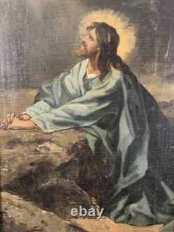 Old oil painting on panel signed French School, 19th century, Christ in prayer