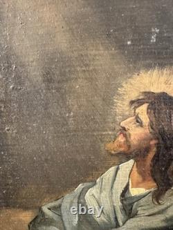 Old oil painting on panel signed French School, 19th century, Christ in prayer