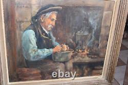 Old oil painting on wood 55 by 47 by EMILE SIMON Breton near the hearth