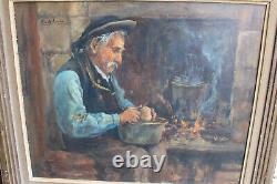 Old oil painting on wood 55 by 47 by EMILE SIMON Breton near the hearth