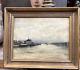 Old Oil Painting On Wood Of The Seine Before Paris, Snowy Landscape With A Boat