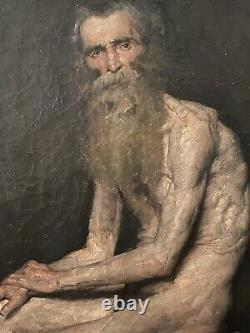 Old oil painting portrait, Old Man Nude on a Stool, Academy