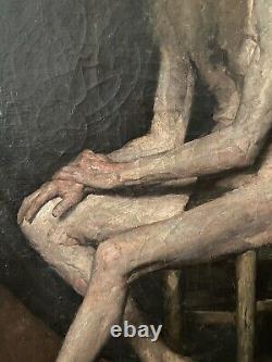 Old oil painting portrait, Old Man Nude on a Stool, Academy