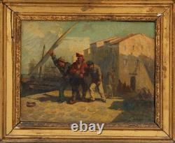 Old oil painting signed A. Kunkler, seascape, 19th-century scene on the quay
