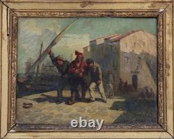 Old oil painting signed A. Kunkler, seascape, 19th-century scene on the quay