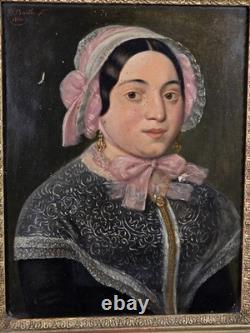 Old oil portrait painting of a lady of quality, signed, 19th century