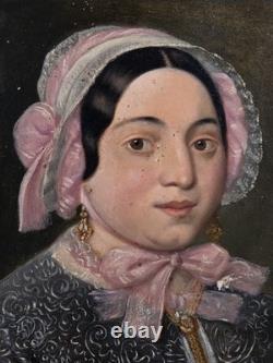 Old oil portrait painting of a lady of quality, signed, 19th century