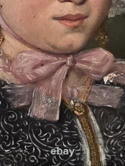 Old oil portrait painting of a lady of quality, signed, 19th century