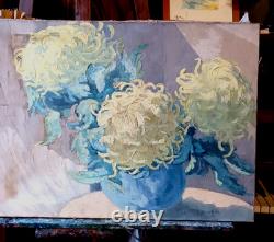 Old oil still life with chrysanthemums, H. Bodin Avon, circa 1920