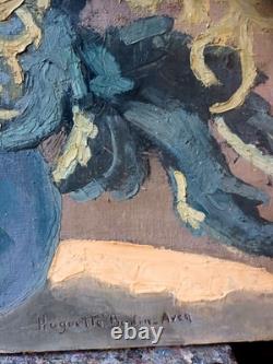 Old oil still life with chrysanthemums, H. Bodin Avon, circa 1920