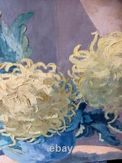 Old oil still life with chrysanthemums, H. Bodin Avon, circa 1920
