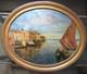 Old Oval Framed Painting Oil On Wood Fishing Scene 57.5 X 48 Cm