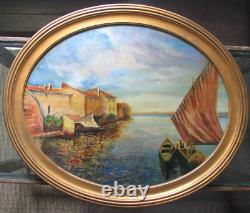 Old oval framed painting oil on wood Fishing scene 57.5 x 48 cm