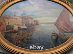Old oval framed painting oil on wood Fishing scene 57.5 x 48 cm