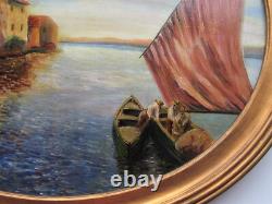 Old oval framed painting oil on wood Fishing scene 57.5 x 48 cm
