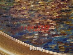 Old oval framed painting oil on wood Fishing scene 57.5 x 48 cm