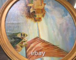 Old oval framed painting oil on wood Fishing scene 57.5 x 48 cm