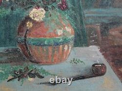 Old painting 'Bouvier' oil on panel flower bouquet 1942