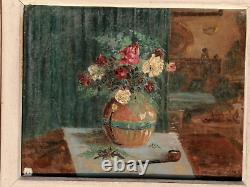 Old painting 'Bouvier' oil on panel flower bouquet 1942