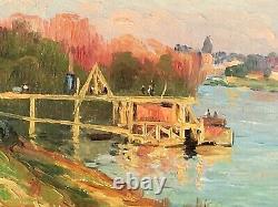 Old painting 'Émile Cambiaggio' oil on canvas dated 1905 Pontoon on the Seine