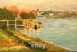 Old painting 'Émile Cambiaggio' oil on canvas dated 1905 Pontoon on the Seine