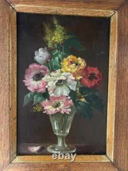 Old painting FLOWER BOUQUET Oil on cardboard Signed and dated Ch. Vincardes 1886