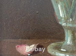 Old painting FLOWER BOUQUET Oil on cardboard Signed and dated Ch. Vincardes 1886