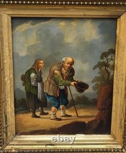 Old painting. Genre scene. Oil painting on canvas resting on cardboard.
