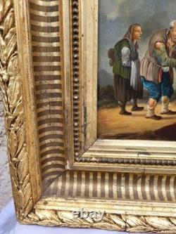 Old painting. Genre scene. Oil painting on canvas resting on cardboard.