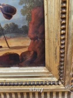 Old painting. Genre scene. Oil painting on canvas resting on cardboard.