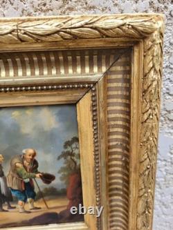 Old painting. Genre scene. Oil painting on canvas resting on cardboard.