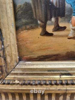 Old painting. Genre scene. Oil painting on canvas resting on cardboard.