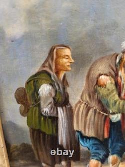 Old painting. Genre scene. Oil painting on canvas resting on cardboard.
