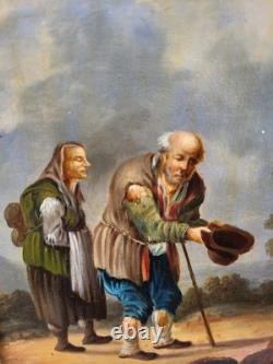 Old painting. Genre scene. Oil painting on canvas resting on cardboard.