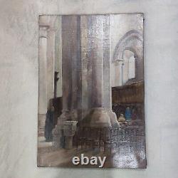 Old painting Interior of church Oil on canvas signed André Nivard